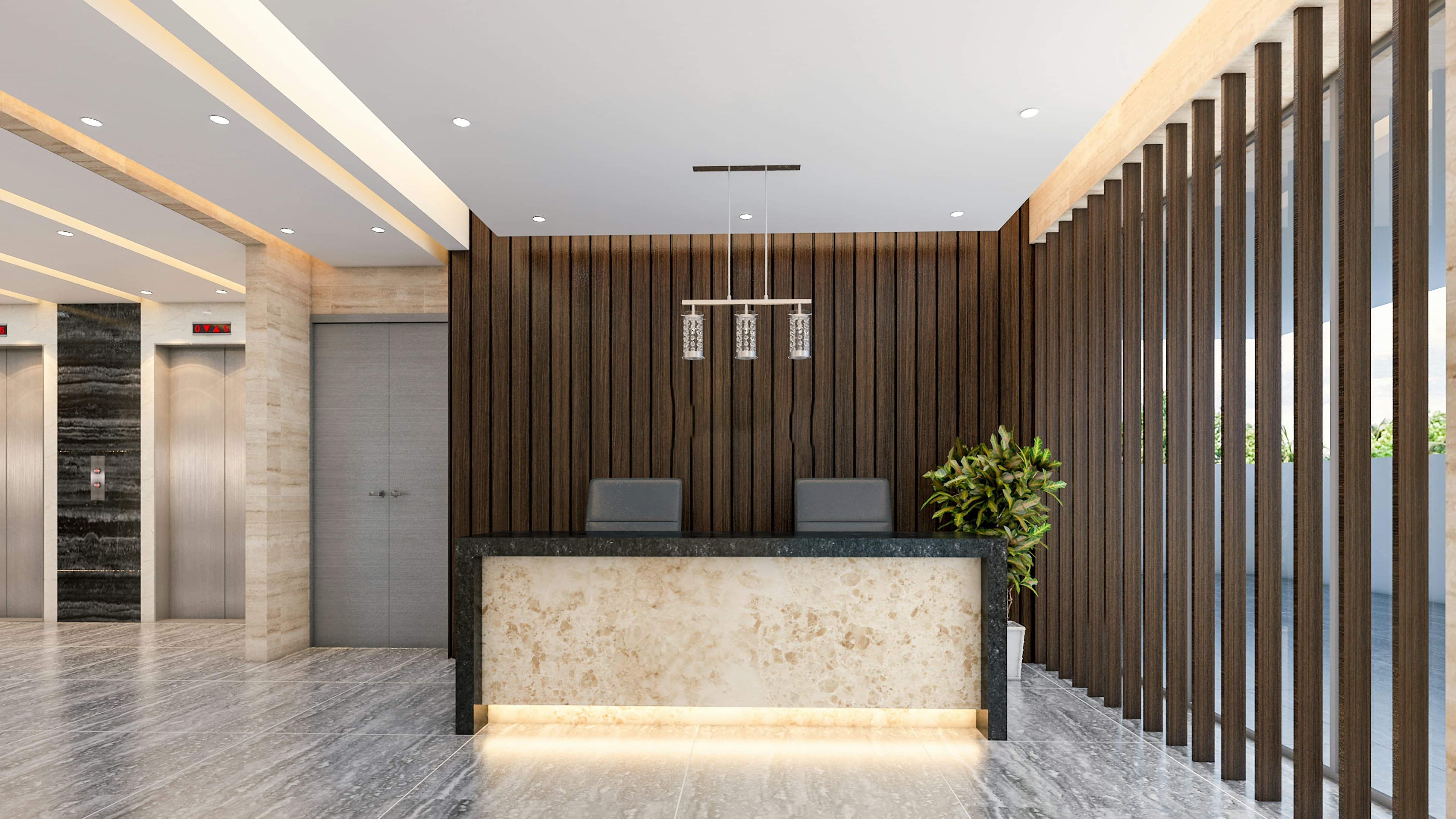 Modern office reception desk with wood-panelled walls