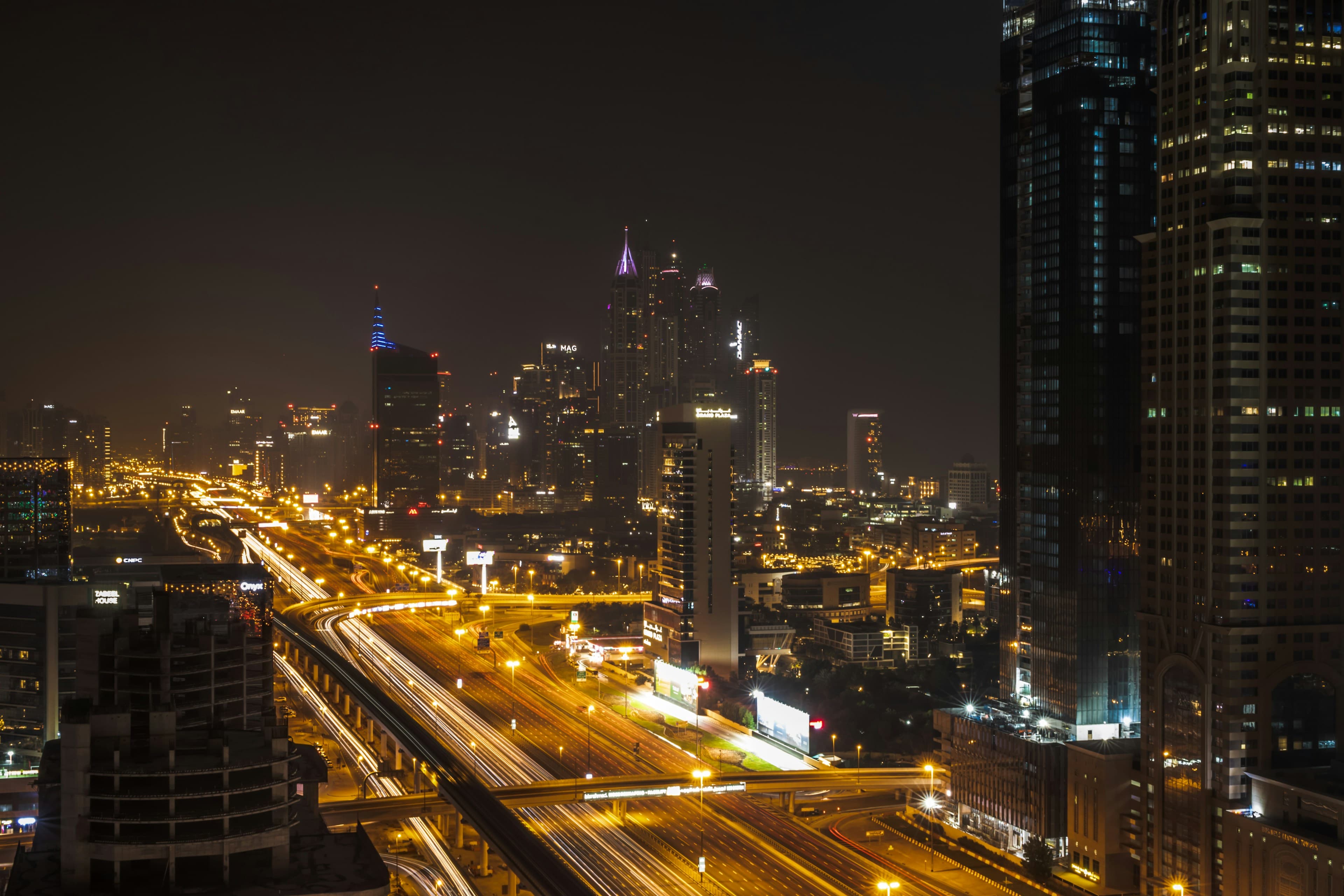 Downtown Dubai and Sheikh Zayed Road lit up at night