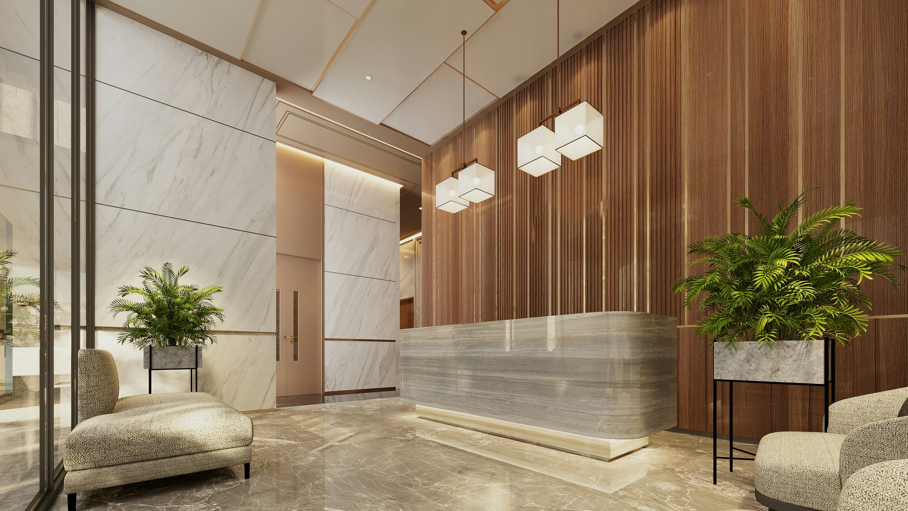 Modern office lobby with a marble reception desk